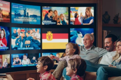 A warm and cozy living room where a diverse family, including children and adults, is gathered on a couch watching a large-screen television. The TV screen displays various Germany IPTV channels, with a German flag-inspired overlay in the center. The scene captures a joyful and relaxed atmosphere as they enjoy streaming entertainment together, experiencing high-quality IPTV streaming Germany with a vast selection of IPTV channels Germany. This immersive experience showcases the best in IPTV service Germany, ensuring seamless entertainment for all viewers.