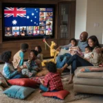 A cozy and inviting living room scene featuring a diverse family gathered around a large, flat-screen television. The children are sitting on the floor, while the parents are seated on a comfortable couch. There are various international channels displayed on the screen, reflecting the family's multicultural background. The most prominent channel, taking up a significant portion of the wall, is the Australia, suggesting a strong interest or connection to the Australia culture. The overall atmosphere of the room is warm, friendly, and inclusive. Les