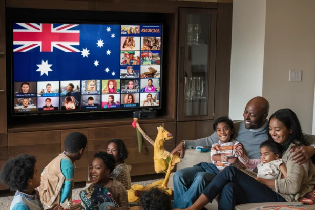 A cozy and inviting living room scene featuring a diverse family gathered around a large, flat-screen television. The children are sitting on the floor, while the parents are seated on a comfortable couch. There are various international channels displayed on the screen, reflecting the family's multicultural background. The most prominent channel, taking up a significant portion of the wall, is the Australia, suggesting a strong interest or connection to the Australia culture. The overall atmosphere of the room is warm, friendly, and inclusive. Les
