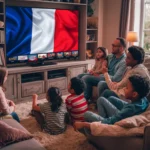 A cozy and inviting living room filled with a diverse family, including children and adults, gathered on a large couch and floor. They are united by their enjoyment of a large-screen television, displaying a variety of French IPTV channels, indicated by the French flag prominently shown on the screen. The warm ambiance is accentuated by soft lighting and the family's joyful expressions as they relish the seamless IPTV France services, offering high-quality streaming and a wide selection of channels for all to enjoy. The scene captures the perfect example of how IPTV France services can create an immersive and entertaining experience for the whole family. Less