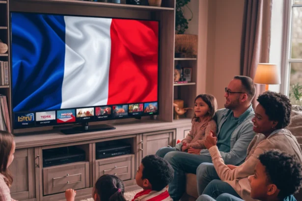 A cozy and inviting living room filled with a diverse family, including children and adults, gathered on a large couch and floor. They are united by their enjoyment of a large-screen television, displaying a variety of French IPTV channels, indicated by the French flag prominently shown on the screen. The warm ambiance is accentuated by soft lighting and the family's joyful expressions as they relish the seamless IPTV France services, offering high-quality streaming and a wide selection of channels for all to enjoy. The scene captures the perfect example of how IPTV France services can create an immersive and entertaining experience for the whole family. Less
