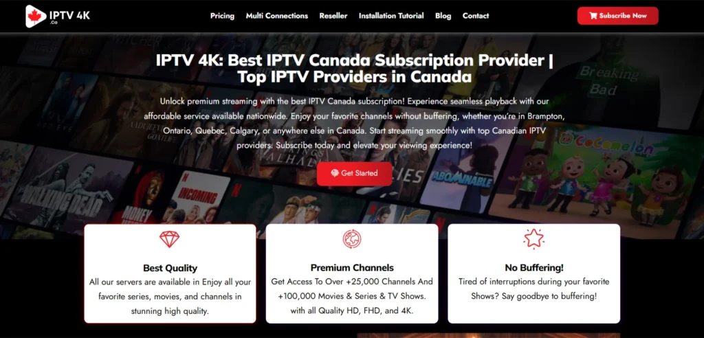 The IPTV 4K canada landing page is designed to appeal to users looking for high-quality, multi-device IPTV streaming. The dark background with red accents creates a modern and premium feel, while the clear CTA buttons, device compatibility icons, and streaming service logos add credibility and make navigation easy.