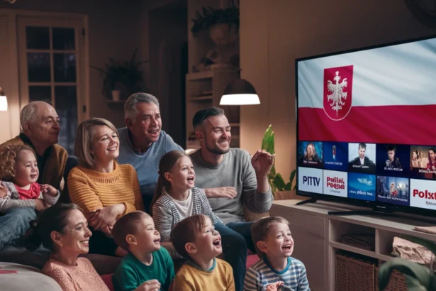 A heartwarming scene of a diverse family, including children and adults, gathered in a cozy and inviting living room. They are all seated on a large couch and the floor, enjoying a variety of polska IPTV channels displayed on a large-screen television. A polska flag is prominently shown on the screen, highlighting their connection to the content. The warm ambiance is created by soft lighting and the family's joyful expressions, highlighting their shared enjoyment of the seamless IPTV polska services. The high-quality streaming and wide selection of channels cater to everyone's interests, creating an immersive and entertaining experience for the whole family to enjoy together.