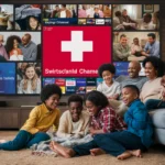 A warm and cozy living room where a diverse family, including children and adults, is gathered on a couch and floor, watching a large-screen television. The TV screen displays various Swiss IPTV channels, while a prominent flag with the word 'Switzerland' is shown on another screen in the background. The scene captures a joyful and relaxed atmosphere as they enjoy streaming entertainment together, highlighting the experience of IPTV Schweiz services. With high-quality streaming, an extensive selection of IPTV Schweiz channels, and seamless multi-device compatibility, this setup ensures an immersive viewing experience for all. Whether looking for the Best IPTV Schweiz Service Providers (2025) or exploring premium Swiss IPTV options, users can enjoy top-tier content with ease."