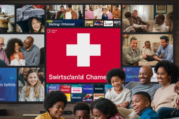 A warm and cozy living room where a diverse family, including children and adults, is gathered on a couch and floor, watching a large-screen television. The TV screen displays various Swiss IPTV channels, while a prominent flag with the word 'Switzerland' is shown on another screen in the background. The scene captures a joyful and relaxed atmosphere as they enjoy streaming entertainment together, highlighting the experience of IPTV Schweiz services. With high-quality streaming, an extensive selection of IPTV Schweiz channels, and seamless multi-device compatibility, this setup ensures an immersive viewing experience for all. Whether looking for the Best IPTV Schweiz Service Providers (2025) or exploring premium Swiss IPTV options, users can enjoy top-tier content with ease."