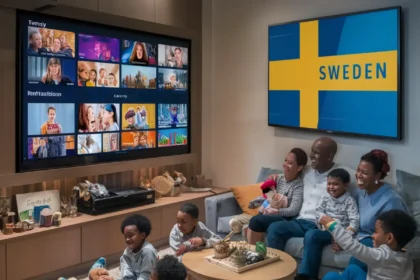 A cozy and inviting living room where a diverse family is gathered around a large flat-screen television. The children sit on the floor while the parents relax on a plush couch. The TV screen displays various international channels, with 'Sverige' being the most prominent, indicating a strong connection to Swedish culture. The room has warm lighting, soft furnishings, and a welcoming atmosphere, reflecting inclusivity and cultural appreciation. Best IPTV Sverige Subscription Service Providers in 2025.