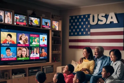 A cozy and inviting living room scene featuring a diverse family gathered around a large, flat-screen television. IPTV USA The children are sitting on the floor, while the parents are seated on a comfortable couch. There are various international channels displayed on the screen, reflecting the family's multicultural background. The most prominent channel, taking up a significant portion of the wall, is the usa, suggesting a strong interest or connection to the usa culture. The overall atmosphere of the room is warm, friendly, and inclusive.