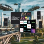 A futuristic digital illustration showing various streaming services like Netflix, Hulu, and Disney+ across multiple devices, including smartphones and tablets, with a vibrant cityscape in the background. The image highlights the best streaming services to subscribe to in 2025, featuring the year '2025' on several phones. The city is filled with flying cars and modern architecture, representing a futuristic setting ,Best IPTV Player for EPG Top Picks for Seamless Viewing in 2025