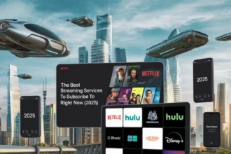 A futuristic digital illustration showing various streaming services like Netflix, Hulu, and Disney+ across multiple devices, including smartphones and tablets, with a vibrant cityscape in the background. The image highlights the best streaming services to subscribe to in 2025, featuring the year '2025' on several phones. The city is filled with flying cars and modern architecture, representing a futuristic setting ,Best IPTV Player for EPG Top Picks for Seamless Viewing in 2025