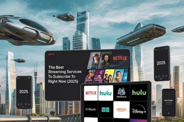 A futuristic digital illustration showing various streaming services like Netflix, Hulu, and Disney+ across multiple devices, including smartphones and tablets, with a vibrant cityscape in the background. The image highlights the best streaming services to subscribe to in 2025, featuring the year '2025' on several phones. The city is filled with flying cars and modern architecture, representing a futuristic setting ,Best IPTV Player for EPG Top Picks for Seamless Viewing in 2025