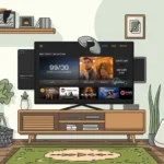 An illustration of a modern living room with a TV displaying an IPTV app interface on a sleek wooden TV stand. The interface shows a selection of TV shows and movies, with a user interface that includes options for browsing channels and content. The room has plants, shelves, and a colorful rug, creating a cozy and stylish atmosphere ,Easy Installation Guide for IPTV Smarters Pro on Nvidia Shield A Simple Walkthrough in 2025