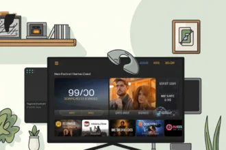 An illustration of a modern living room with a TV displaying an IPTV app interface on a sleek wooden TV stand. The interface shows a selection of TV shows and movies, with a user interface that includes options for browsing channels and content. The room has plants, shelves, and a colorful rug, creating a cozy and stylish atmosphere ,Easy Installation Guide for IPTV Smarters Pro on Nvidia Shield A Simple Walkthrough in 2025
