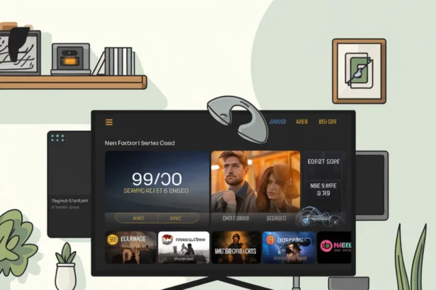 An illustration of a modern living room with a TV displaying an IPTV app interface on a sleek wooden TV stand. The interface shows a selection of TV shows and movies, with a user interface that includes options for browsing channels and content. The room has plants, shelves, and a colorful rug, creating a cozy and stylish atmosphere ,Easy Installation Guide for IPTV Smarters Pro on Nvidia Shield A Simple Walkthrough in 2025