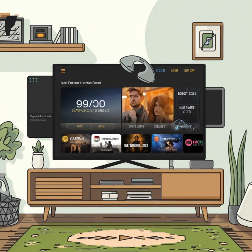 An illustration of a modern living room with a TV displaying an IPTV app interface on a sleek wooden TV stand. The interface shows a selection of TV shows and movies, with a user interface that includes options for browsing channels and content. The room has plants, shelves, and a colorful rug, creating a cozy and stylish atmosphere ,Easy Installation Guide for IPTV Smarters Pro on Nvidia Shield A Simple Walkthrough in 2025
