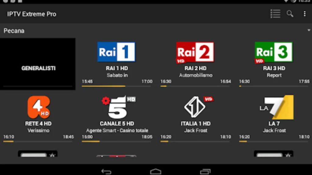 This screenshot depicts the IPTV Extreme Pro interface showing various Italian channels, with a program guide displaying the current and upcoming shows.
