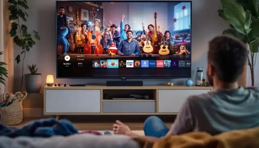 A man sitting on a couch watching a smart TV with IPTV apps displayed, including categories like live TV, series, and movies. Cozy living room setup with modern furniture and ambient lighting.