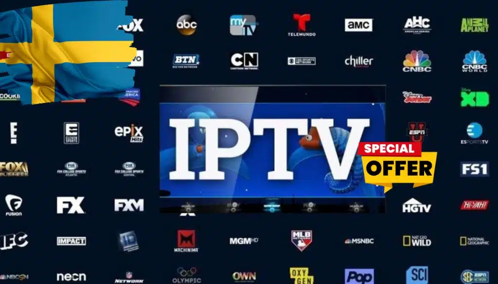 IPTV Svensk special offer displayed with a large IPTV logo surrounded by popular TV channel logos, including FOX, ESPN, AMC, and more, with a Swedish flag overlay for local branding.
