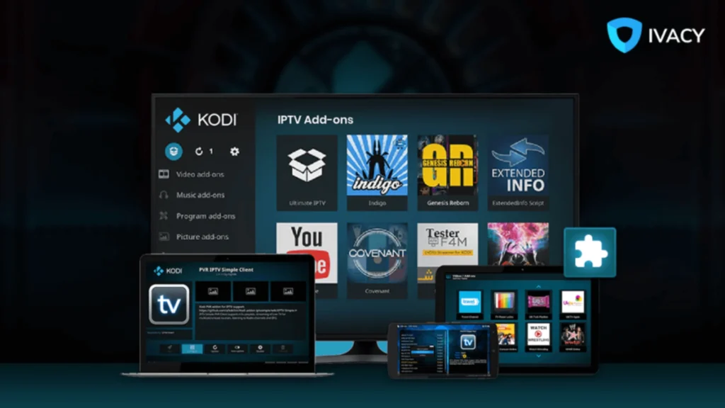 This image shows the Kodi IPTV interface, where several IPTV add-ons such as Ultimate IPTV, Indigo, Genesis Reborn, and others are shown on various devices like smartphones, tablets, and laptops