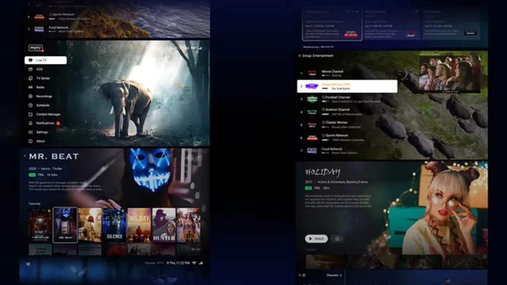 A user interface showcasing the MYTVOnline3 app, with an organized layout for IPTV streaming. On the left side, there is a menu with categories like 'Live TV,' 'TV Series,' 'Radio,' 'Recordings,' 'Schedule,' 'Content Manager,' and more. On the right side, there is a featured section displaying various TV channels, along with content like the movie 'Mr. Beat' and TV show 'Holiday.' The screen also includes channel listings and additional entertainment options like 'Sports Network' and 'Food Network