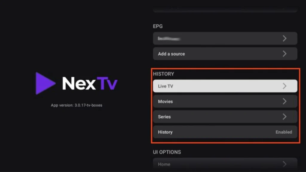 "An interface of the NexTV IPTV app, showing the options for Live TV, Movies, and Series under the 'History' section. The app version is 3.0.17-tv-boxes. A clean, dark interface with navigation options for different media categories."