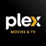 The logo of Plex, featuring the word 'plex' in bold white font with a yellow 'X' and 'MOVIES & TV' written below.