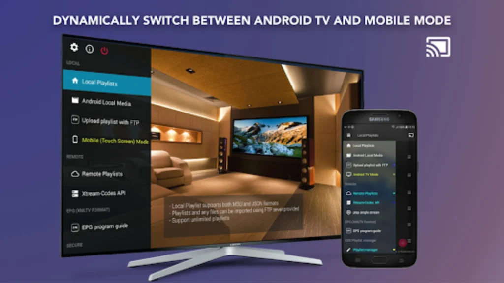 This image shows the interface of Smart IPTV with options like local playlists, remote playlists, and other settings on a television screen
