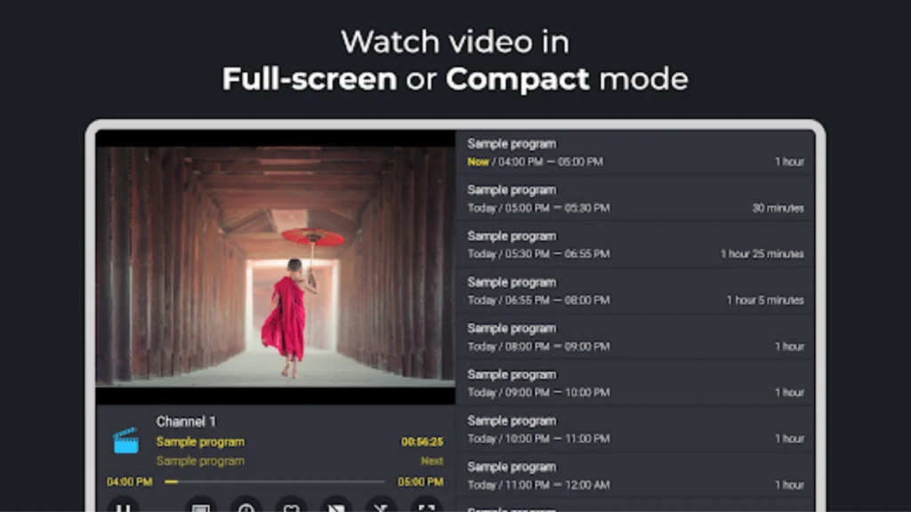 This screenshot shows the Televizo IPTV interface with a guide showing various channels, content, and options to watch in full-screen or compact mode.