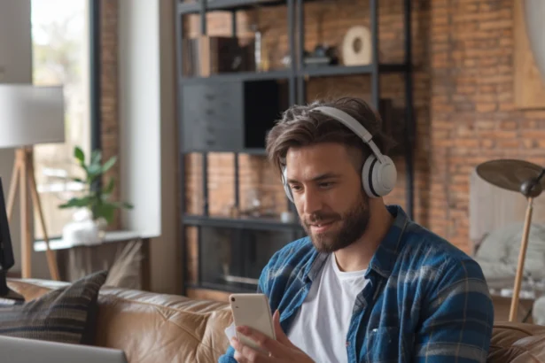 A man sitting on a leather couch in a cozy living room, looking at a tablet in his hands, with shelves and plants in the background ,The 6 Best IPTV Providers You Should Try for Smooth Streaming in 2025