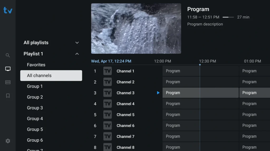 "An IPTV app interface displaying a channel playlist with a live program guide. The screen shows 'Playlist 1' with various groups and channel options listed. A preview of the current live TV channel is visible along with its corresponding program description. The schedule below shows upcoming programs for the next few hours, with a blue highlight indicating the current program being aired