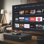 A cozy living room with a TV displaying an IPTV interface on a screen, showcasing a variety of shows and channels. Below the TV is an Xbox console with a controller resting on a wooden table, creating a stylish, modern viewing setup ,What is IPTV How It Functions, Best Devices and Services in 2025