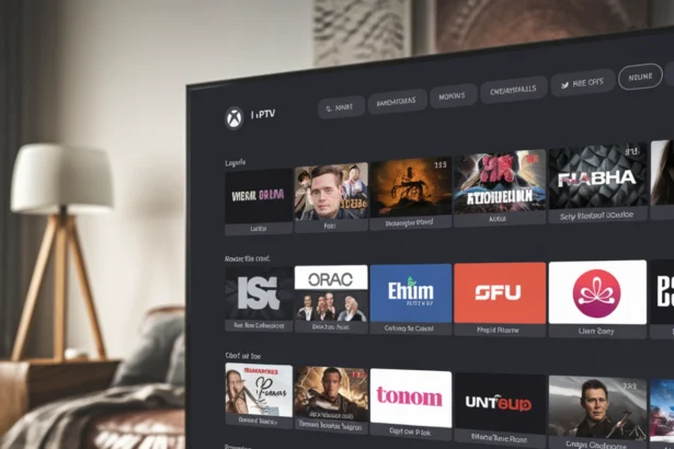 A cozy living room with a TV displaying an IPTV interface on a screen, showcasing a variety of shows and channels. Below the TV is an Xbox console with a controller resting on a wooden table, creating a stylish, modern viewing setup ,What is IPTV How It Functions, Best Devices and Services in 2025