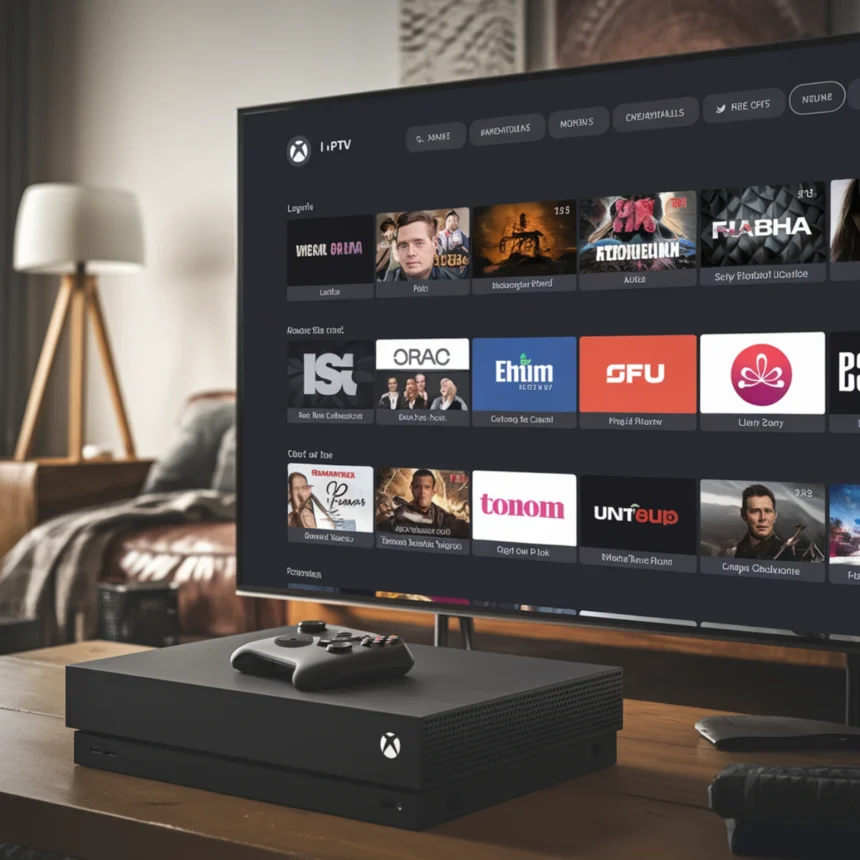 A cozy living room with a TV displaying an IPTV interface on a screen, showcasing a variety of shows and channels. Below the TV is an Xbox console with a controller resting on a wooden table, creating a stylish, modern viewing setup ,What is IPTV How It Functions, Best Devices and Services in 2025