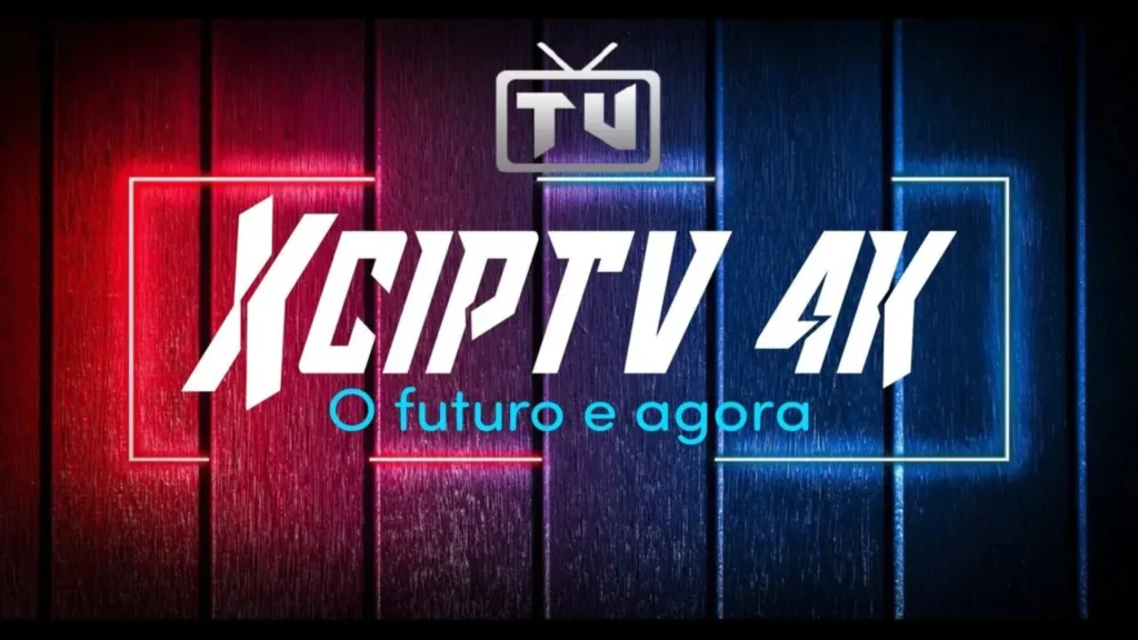 The logo of XCIPTV 4K, with a vibrant background featuring red and blue neon light effects. The logo displays 'XCIPTV 4K' in bold, modern typography with the subtitle 'O futuro e agora' (meaning 'The future and now'). The logo is set against a wooden textured backdrop, illuminated by neon lights