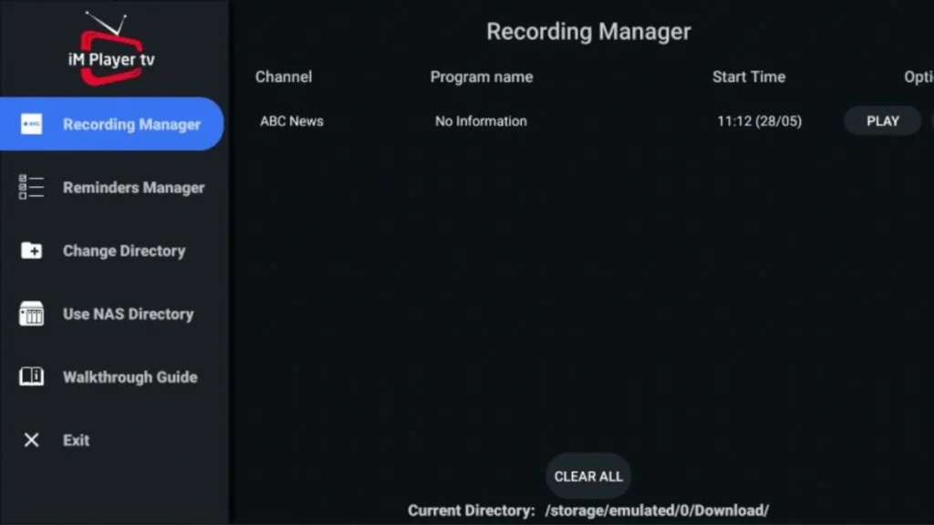 This image shows the iMPlayer TV interface displaying a channel list with options for recording and managing reminders