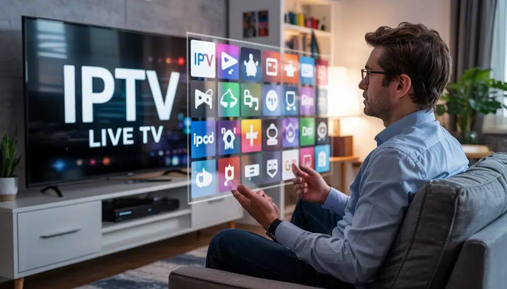 A man sitting on a couch interacting with a virtual IPTV interface displaying live TV icons on the screen in a cozy living room.