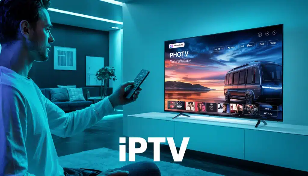 person watching IPTV on a large screen TV in a modern living room with blue ambient lighting, holding a remote control