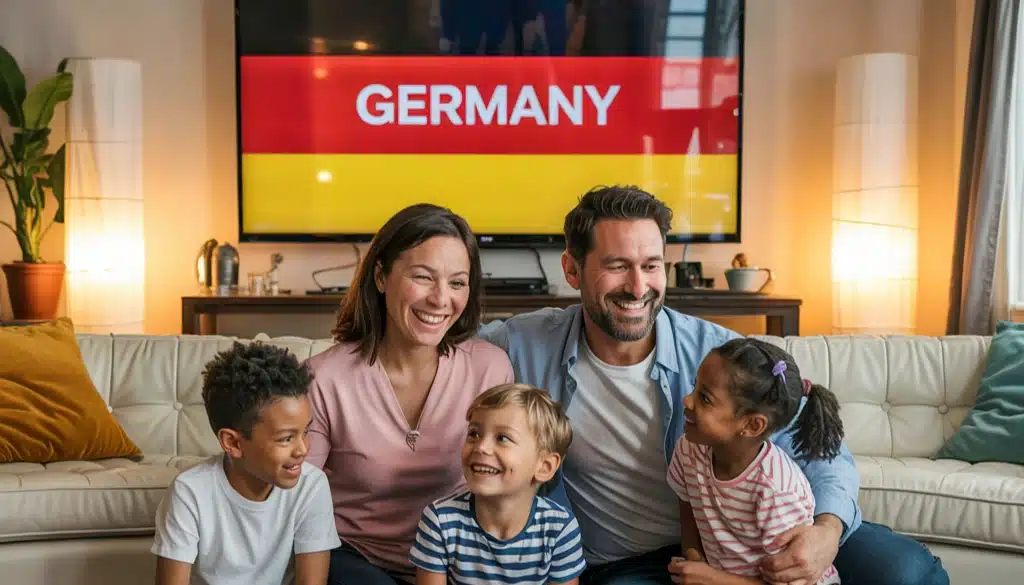 The image shows a happy family of four—two adults and two children—sitting on a cozy couch in a living room, smiling and enjoying time together. In the background, a large flat-screen TV displays the word "GERMANY" in bold, likely referring to a German IPTV channel or content being play ,iptv germany