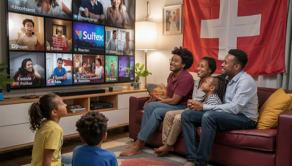A family enjoying TV together in a living room with multiple show previews on the screen, with a Swiss flag visible in the background.