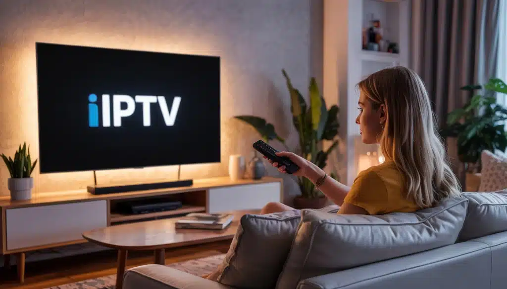 The image shows a person sitting on a couch, watching IPTV content on a large TV screen with the IPTV logo visible. The person holds a remote control, and the setting is cozy, with plants and a well-lit room in the background.
