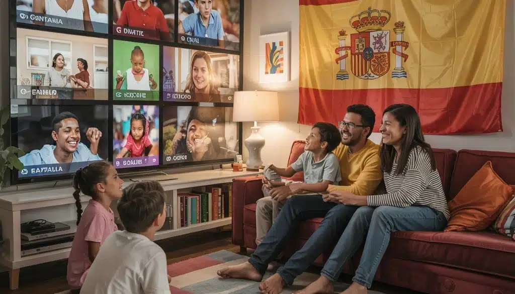 The image depicts a family of four sitting on a sofa in their living room, watching IPTV content on a large TV. The TV screen shows a video conference or call, featuring various individuals in different settings. The family members are engaged, holding controllers and smiling. Behind them is a Spanish flag hanging on the wall, suggesting a connection to Spain. The living room is cozy, with a colorful rug and bookshelves.