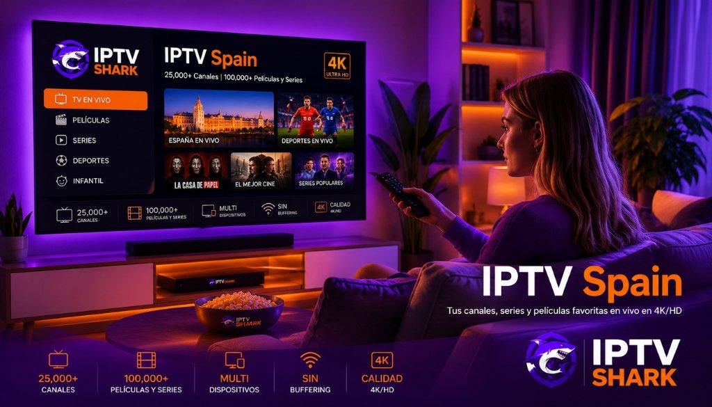 IPTV Spain streaming service on a Smart TV with movies, live sports, TV channels, and multi-device IPTV entertainment in a modern living room.