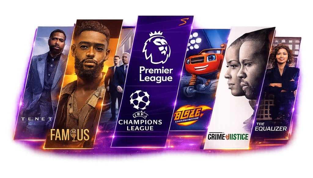 IPTV Spain entertainment banner featuring live TV, football, movies, TV series, and sports streaming in a modern purple and orange design.
