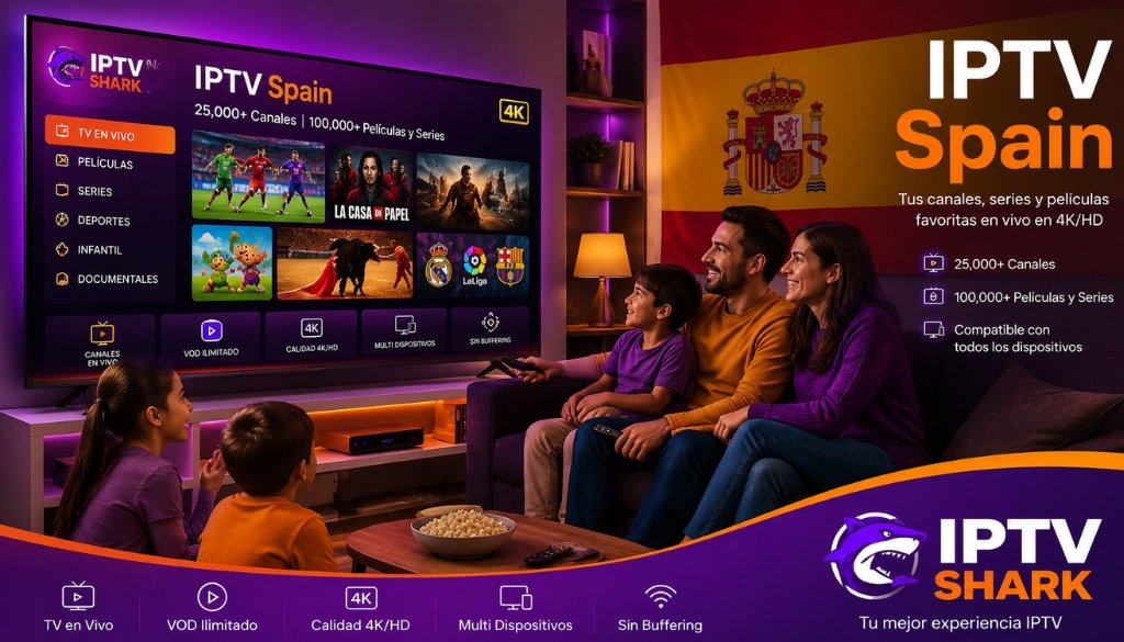 Family enjoying IPTV Spain on a 4K Smart TV with live channels, movies, football, and series, featuring premium multi-device streaming.