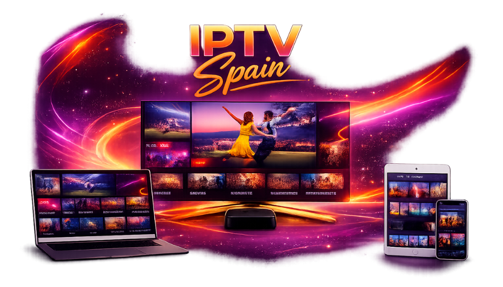 IPTV Spain subscription displayed across Smart TV, laptop, tablet, and smartphone with premium 4K streaming and multi-device support.