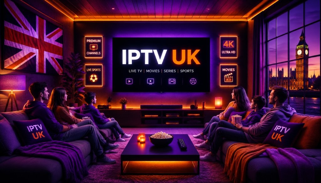 Modern IPTV UK home theater featuring a family watching live TV, movies, series, sports, and 4K content in a luxury living room.