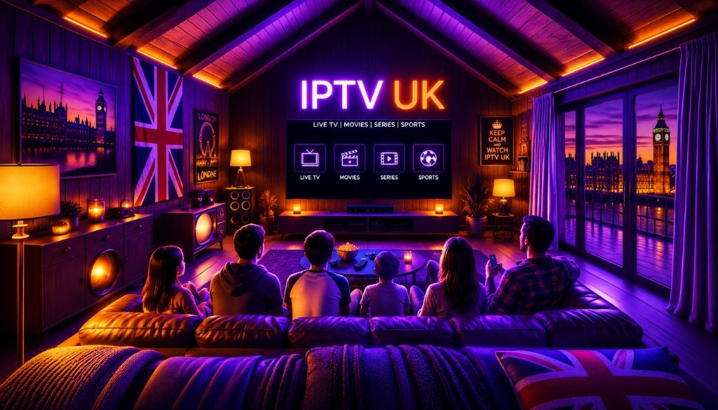 Family enjoying IPTV UK on a large smart TV in a cozy living room with purple and orange neon lighting and UK-inspired decor.