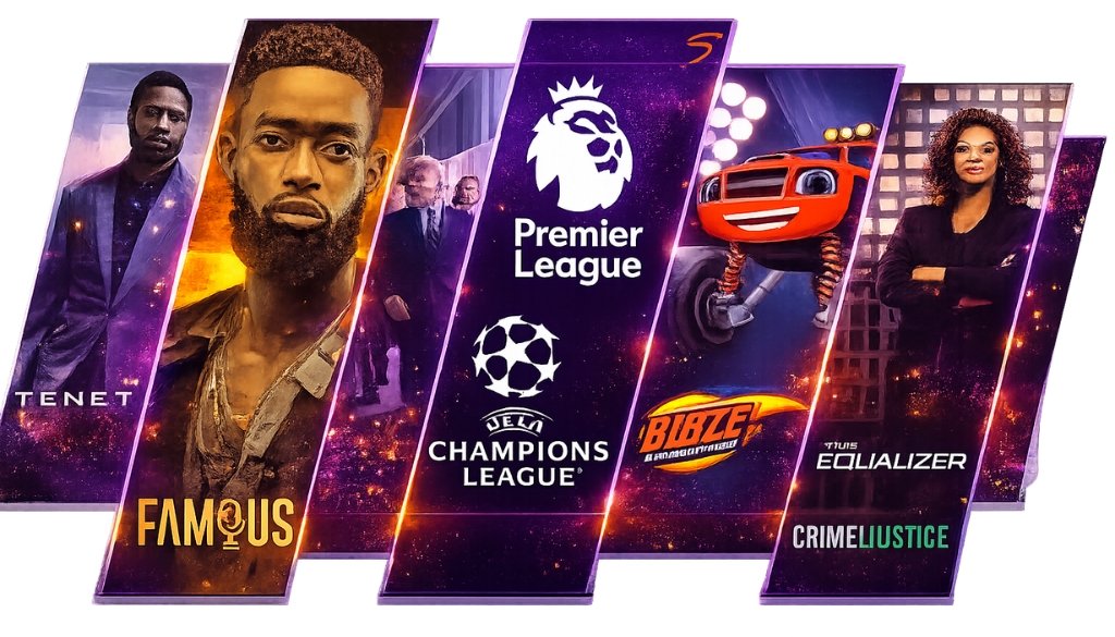 IPTV UK entertainment banner with movie, TV show, kids content, Premier League, and UEFA Champions League displayed in modern diagonal panels.