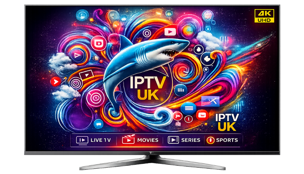 Premium IPTV UK smart TV interface featuring colorful streaming graphics, live TV, movies, series, sports, and 4K Ultra HD entertainment.