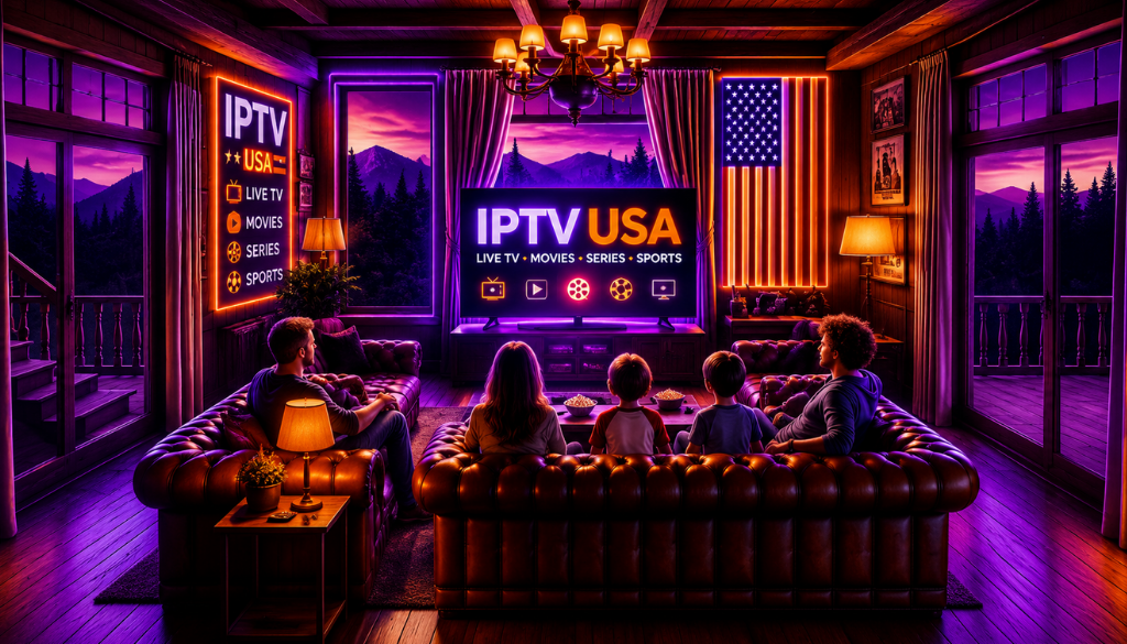 Cozy IPTV USA home theater featuring purple and orange neon lighting, family movie night, live TV, sports, movies, and premium streaming experience.