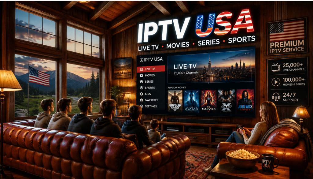 Family enjoying IPTV USA in a luxury cabin living room with a large smart TV, premium live TV, movies, sports, and 4K home entertainment.